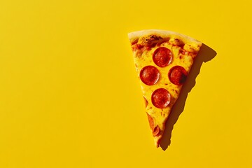Pepperoni pizza slice on yellow background
