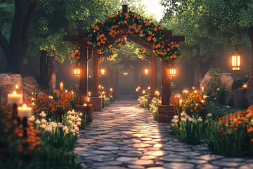Fototapeta premium Candles and flowers lining a pathway.