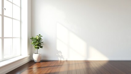 Minimalist interior room with wooden floor white walls and a potted plant illuminated by sunlight
