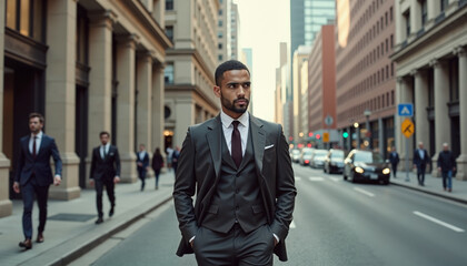 Confident businessman walking in a suit on a busy city street surrounded by professionals
