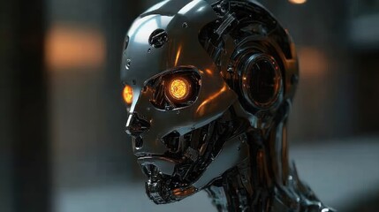 Close-up of a futuristic metallic robot head with glowing orange eyes and intricate mechanical details, conveying an advanced and intense technological presence