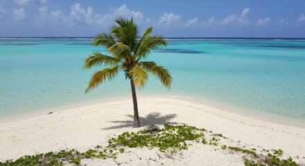 Obraz premium Single Palm Tree on a Secluded White Sand Beach with Turquoise Water