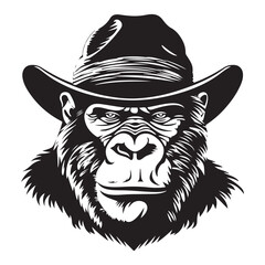 Gorilla wearing hat, vintage logo line art concept black and white color, gorilla vector illustration