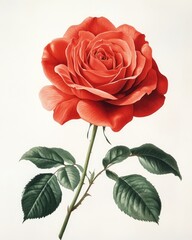 A single, vibrant red rose with lush green leaves