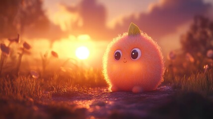 Whimsical sunset encounter: An adorable creature gazes at a magical horizon
