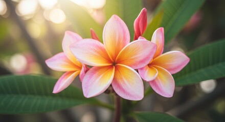 Fototapeta premium Pink and Yellow Plumeria Blossoms in Sunlight