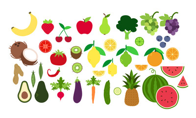 vegetable & fruit collection. Vegan food set. illustration with vegetables, berries & fruits. banana, apple, strawberry, cherry, watermelon, pineapple, lemon, kiwi, tomato, grapes, broccoli, eggplant.