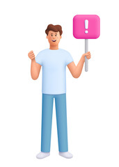 Young smiling man James holding placard or banner. Demonstration, protest, political announcement, struggle for rights concept. 3d vector people character. Cartoon minimal style.