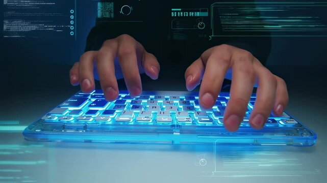Fingers press blue keys, future typing light sparks ideas, creators boost output with future typing flow, startups showcase future typing agility. concept creative speed