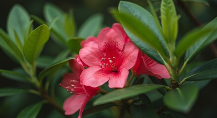Closeup of Pink Azalea Blossoms and Lush Green Leaves