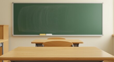 Empty Classroom with Wooden Desks and Green Chalkboard