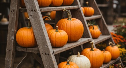 Autumn Harvest: Orange and White Pumpkins on Rustic Wooden Ladder