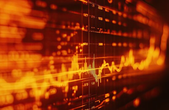 Financial data display with intense orange hues.  Fluctuating stock market graphs and numeric data are displayed on a screen - Powered by Adobe
