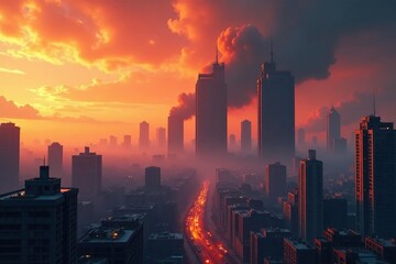 Fototapeta premium Desolate cityscape, skeletal skyscrapers piercing ash-filled sky, dust, ruins