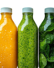 Three Colorful Bottles of Juice or Smoothie Against Black Background, cut out, no background