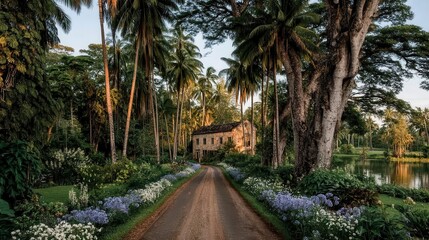 Fototapeta premium Pathway Through Lush Palm Trees Leading to a Tranquil Ocean View at Golden Hour