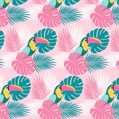 Obraz premium Seamless repeating pattern with leaves and toucans.