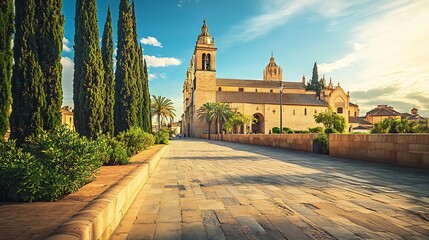 Fototapeta premium Sunlit Cathedral Pathway: A Serene Mediterranean Vista