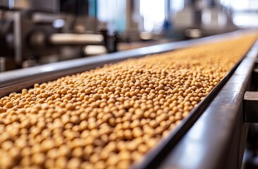 Fototapeta premium Soybeans on a Conveyor Belt in a Processing Plant