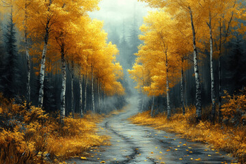 Obraz premium A road running through a forest in a painting.