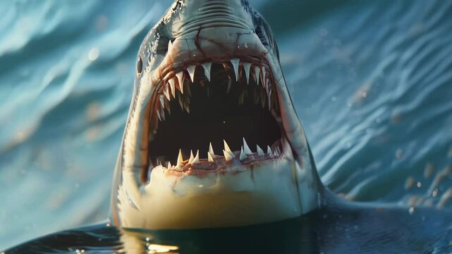 Ferocious great white shark emerges from ocean water with open jaws, revealing sharp teeth in a dramatic action scene full of danger, energy, and motion. Slow motion. High quality 4k footage