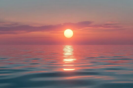 Calm ocean during sunset with vivid pink and orange sky reflecting on gentle waves creating a peaceful and serene atmosphere