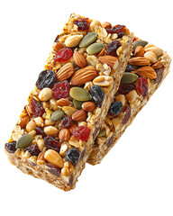 Two Nut And Seed Granola Bars With Dried Fruit On Transparent Background, cut out, no background