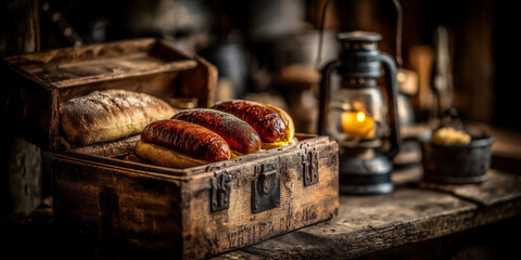 nostalgic food photograph of a hot dog styled with vintage american props and a faded us flag in the