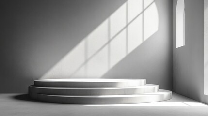 Obraz premium Empty white pedestal stage in room with window light. Possible use Product display