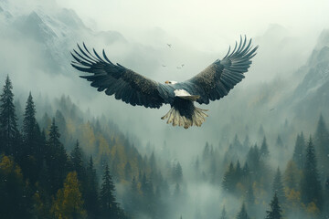 Bald eagle soars over misty forest.