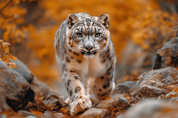 Obraz premium A snow leopard walking through rocks.