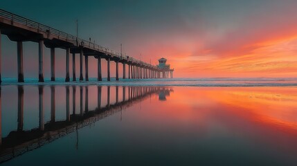 Fototapeta premium Seaside Pier Glowing Under Golden Hour Light with Stunning Reflections in Calm Waters