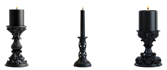 Elegant Black Candle Holders with Candles on Transparent Background