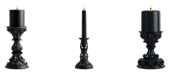 Elegant Black Candle Holders with Candles on Transparent Background