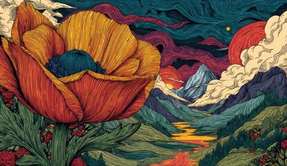 A vibrant poppy blossoms amidst a fantastical mountain landscape