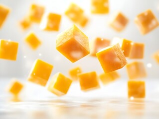 Floating Mango Cubes with Dynamic Splashes