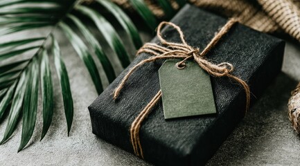 Black gift box with natural twine and tag