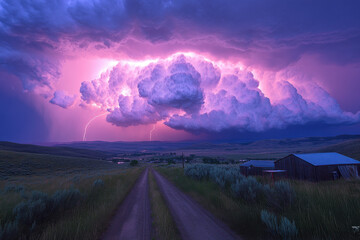 Obraz premium Lightning storm illuminating rural road in Kansas foothills.