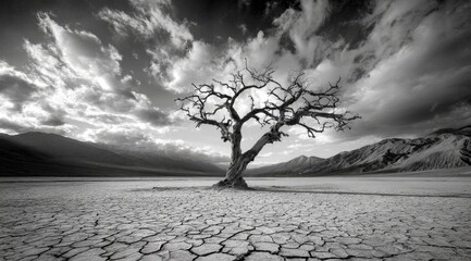 A lone, barren tree stands resiliently in a cracked, desolate landscape under a dramatic sky