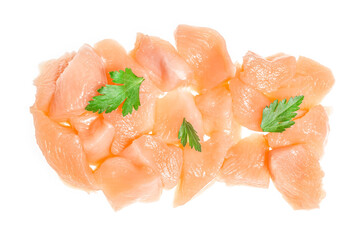 raw chicken fillet chunks isolated on white background. Top view
