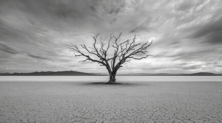 Lonely tree in a cracked, desolate landscape under a stormy sky