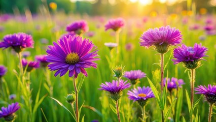 Obraz premium Vibrant purple flowers blooming in a lush green meadow of tall grass, wildflowers, blossoms, wildflowers, blossoms, nature