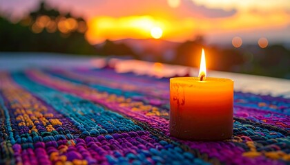 Single lit candle on vibrant woven mat at sunset