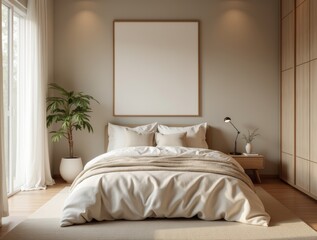 Cozy Japandi-style bedroom with minimalist bed, textile accents, and empty wall above the headboard for copy space.