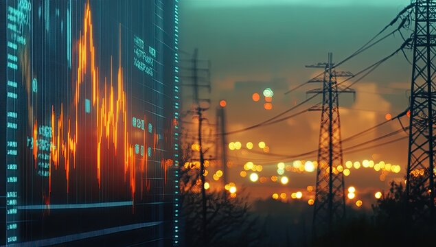 Financial data overlayed on an urban electric landscape.  A digital display shows fluctuating financial metrics, highlighted in orange,