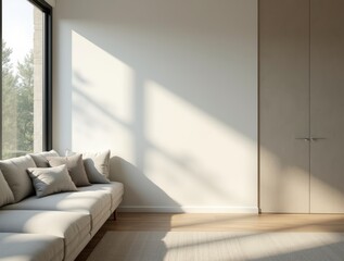 Corner lounge with a large window view, sofa with pillows, neutral wall next to it — perfect empty space.

