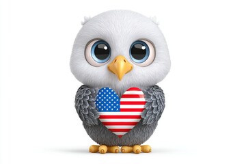 Fototapeta premium A cartoon bald eagle holding a heart-shaped American flag in its beak