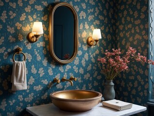 Bathroom as an art piece: bold tiles, round designer sink, brass faucets, wall color — deep blue, accent lighting.