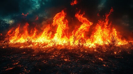 Massive wildfire engulfing the landscape at night.