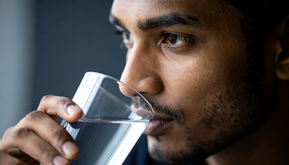 Close-up of a young adult man of Indian descent drinking a glass of clear water, staying hydrated and healthy, with a thoughtful gaze